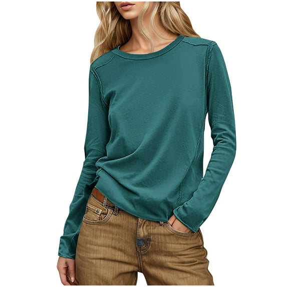 CheerKidz Ladies'Patch Back Pullover Undershirt Women's Casual Solid Color Long Sleeve Round Neck Comfortable Workwear Daily Tops(Blue,)