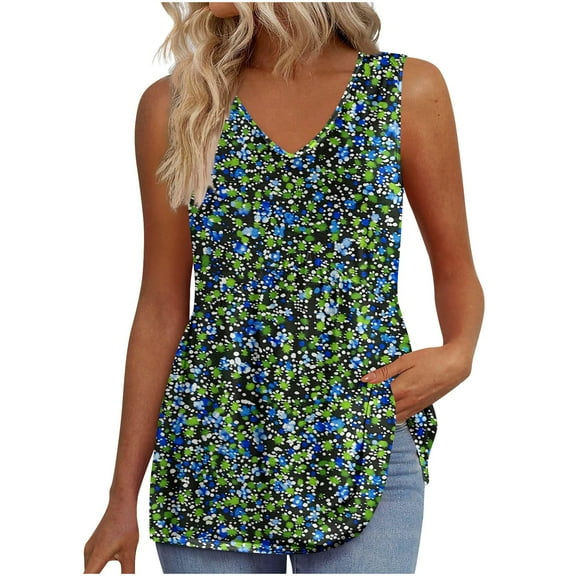 CheerKidz Ladies' Printed V Neck Sleeveless Tank Tops Summer Casual Fashion Tops for Women,Breathable Lightweight Vacation Clothes,Trendy Loose Fits Blouse(Multicolor#2,2XL)