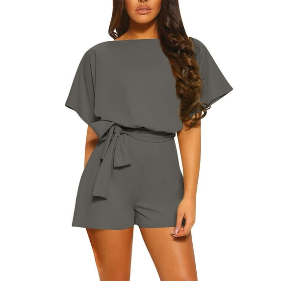CheerKidz Short Jumpsuits for Women's Summer Solid Color Short Sleeved Neck Loose Fitting Seam Jumpsuit Casaul Shorts Outfits(Z02#Dark Gray,S)