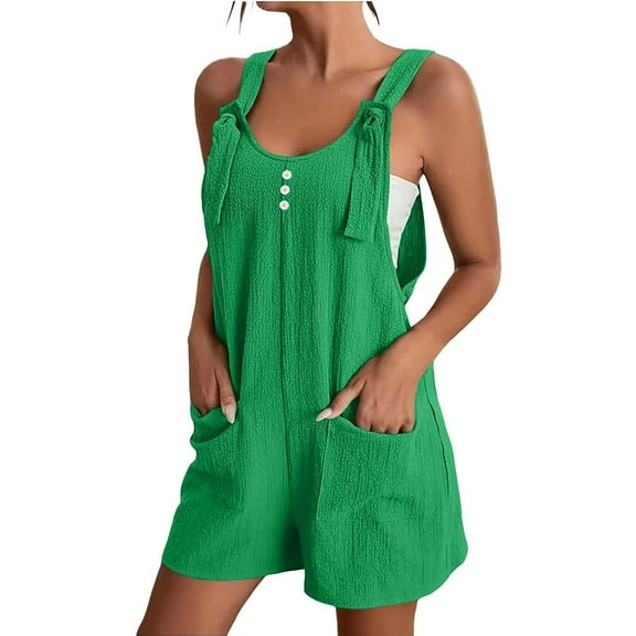 CheerKidz Short Jumpsuits for Women's Summer Solid Color Short Sleeved Neck Loose Fitting Seam Jumpsuit Casaul Shorts Outfits(Z03#Green,S)
