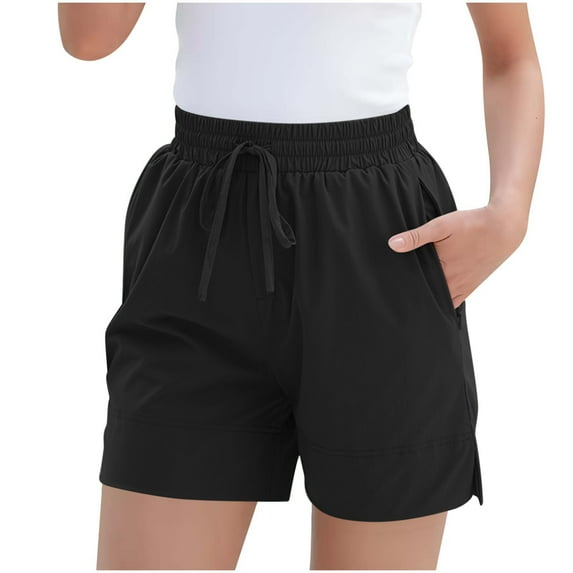CheerKidz Solid Color Casual Shorts for Women Fashion Wrinkle Drawstring Elastic Waist with Pockets for Summer Travel Everyday Fashionable Wear(Z01-Black,M)