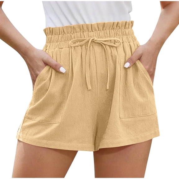 CheerKidz Spring Summer Fashion Casual Solid Color Drawstring Outwear Linen Shorts For Women(Beige,XL)