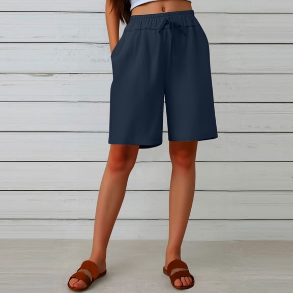 CheerKidz Summer Casual Linen Pants for Women Fashion Half Shorts Drawstring with Elastic Waist, Buttons, and Pockets for Everyday Wear