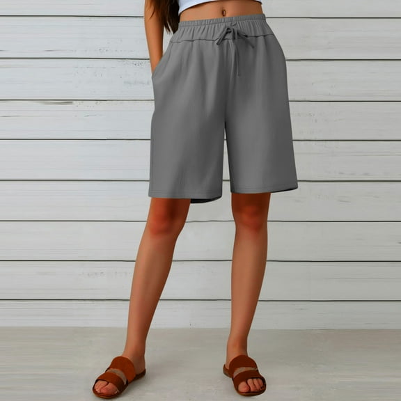 CheerKidz Summer Casual Linen Pants for Women Fashion Half Shorts Drawstring with Elastic Waist, Buttons, and Pockets for Everyday Wear