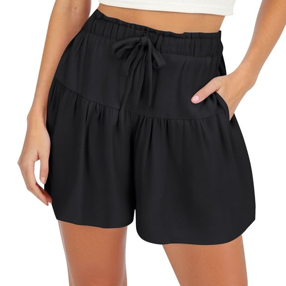 CheerKidz Summer Shorts for Women Casual Elastic Waist Drawstring Lightweight Beach Home Short Pants with Pockets(Z01#Black,L)