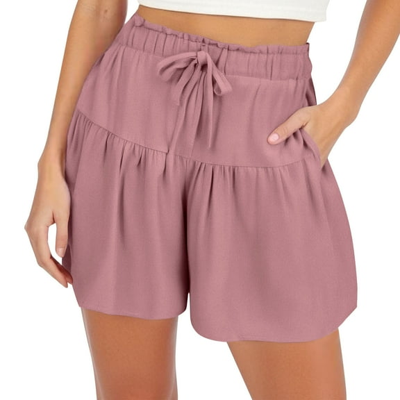 CheerKidz Summer Shorts for Women Casual Elastic Waist Drawstring Lightweight Beach Home Short Pants with Pockets(Z01#Pink,S)