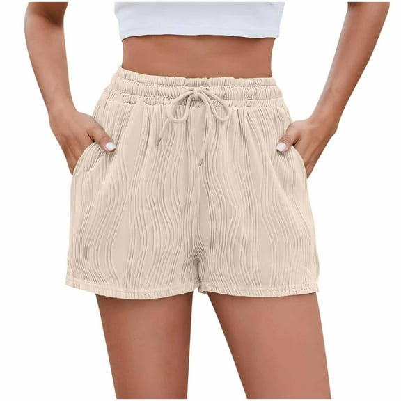 CheerKidz Summer Shorts for Women Casual Elastic Waist Drawstring Lightweight Beach Home Short Pants with Pockets(Z02#Beige,L)
