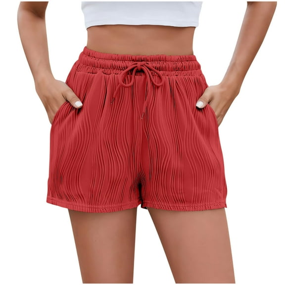 CheerKidz Summer Shorts for Women Casual Elastic Waist Drawstring Lightweight Beach Home Short Pants with Pockets(Z02#Red,S)