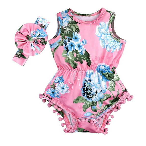 CheerKidz Toddler Children's Sleeveless Romper with Flower Print Headband Two-Piece Children's Clothing for Stylish and Comfortable Summer Wear 0-24 Months(Pink#1,3-6 Months)