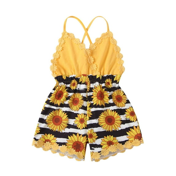 CheerKidz Toddler Kids Girl Backless Romper Sunflower Printed Vest Sunsuit Outfit for Trendy Looks and Lightweight Comfort 6M-5 Years(Gold#2,18-24 Months)