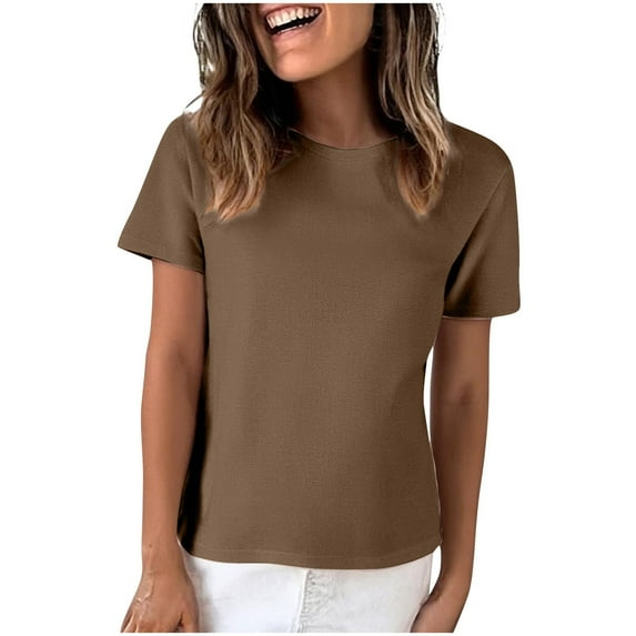 CheerKidz Trendy Women's Round Neck Pullover Short Sleeve Blouse Solid Color Summer Tops,Casualto Office Wear(Brown,3XL)