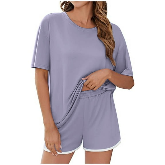 CheerKidz Two Piece Sets for Women 2025 Summer Short Matching Home Tops Elastic Waist Shorts Set Casual Loose V Neck Beach Vacation Travel Outfits(Z03#Purple,XL)