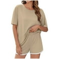 thumbnail image 1 of CheerKidz Two Piece Sets for Women 2025 Summer Short Matching Home Tops Elastic Waist Shorts Set Casual Loose V Neck Beach Vacation Travel Outfits(Z03#Khaki,M), 1 of 9