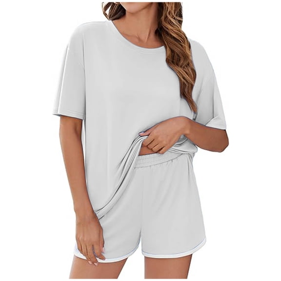 CheerKidz Two Piece Sets for Women 2025 Summer Short Matching Home Tops Elastic Waist Shorts Set Casual Loose V Neck Beach Vacation Travel Outfits(Z03#White,XL)