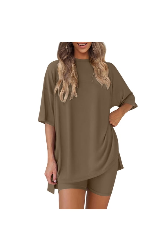 Two Piece Sets for Womens Plus Size 2 Piece Home Sets Round Neck Oversized T Shirts Biker Shorts Workout Matching Summer Outfits(Coffee,3XL)