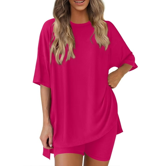 IROINNID Two Piece Sets for Womens Plus Size 2 Piece Home Sets Round Neck Oversized T Shirts Biker Shorts Workout Matching Summer Outfits(Z01-Hot Pink,S)