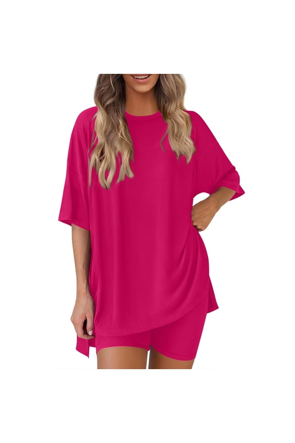 Two Piece Sets for Womens Plus Size 2 Piece Home Sets Round Neck Oversized T Shirts Biker Shorts Workout Matching Summer Outfits(Z01-Hot Pink,XL)