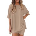 thumbnail image 1 of IROINNID Two Piece Sets for Womens Plus Size 2 Piece Home Sets Round Neck Oversized T Shirts Biker Shorts Workout Matching Summer Outfits(Z01-Khaki,M), 1 of 8