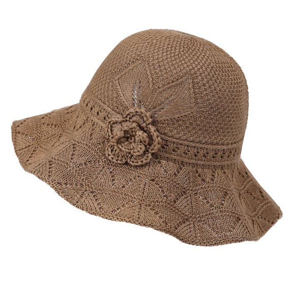 CheerKidz Vintage Knitted Flower Sun Hat for Women Oversized Beach Hat Summer Sun Protection Wide Fisherman Hat Bohemian Style Outdoor Elegant Headwrap(Khaki,Free Size)