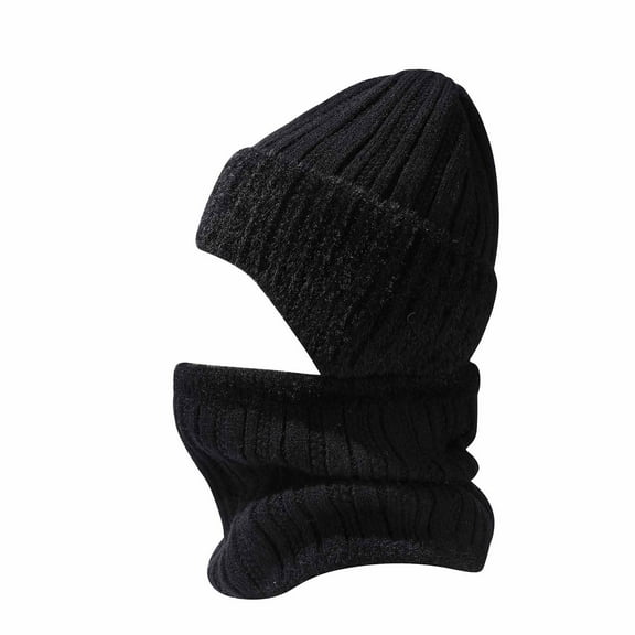 CheerKidz Winter Solid Color Stripe Knitted Hat and Scarf Set Thickened Warm Unisex Pullover Neck Warmer Outfit Matching Casual Outdoor Lightweight(Black#1,Free Size)