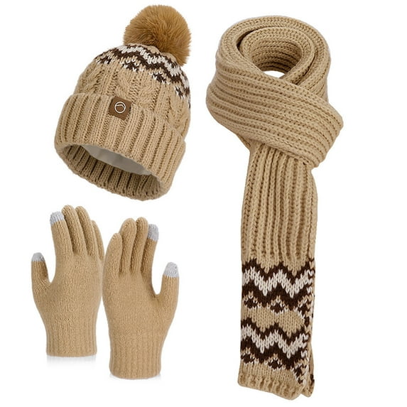 CheerKidz Winter Warm Knitted Hat Scarf Gloves Set for Women Cozy Thermal Earmuffs Neck Warmer and Mittens Soft Winterwear Accessories Cold Weather Outdoor Snow Set(Khaki,Free Size)