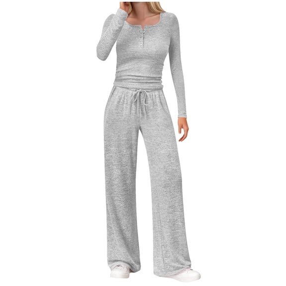 CheerKidz Women 2 Piece Outfit Casual Long Sleeve Blouse and Elastic Waist Pants Set Solid Round Neck Button Down Top with Drawstring Pocket Trousers Daily Wear Fall Fashion(Gray,M)