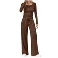 thumbnail image 1 of CheerKidz Women 2 Piece Outfit Casual Long Sleeve Blouse and Elastic Waist Pants Set Solid Round Neck Button Down Top with Drawstring Pocket Trousers Daily Wear Fall Fashion(Brown,XL), 1 of 6