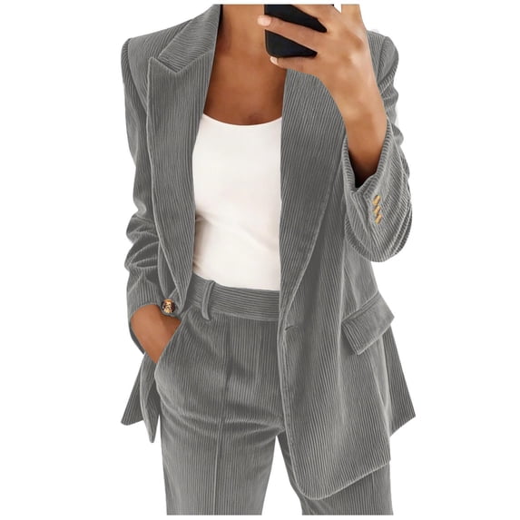 CheerKidz Women Casual Corduroy Button Front Long Sleeve Blazer Jacket Open Front Notched Lapel Coat Tops Solid Color Womens Outerwear for Daily Wear Party Work and Home Spring(Gray,S)