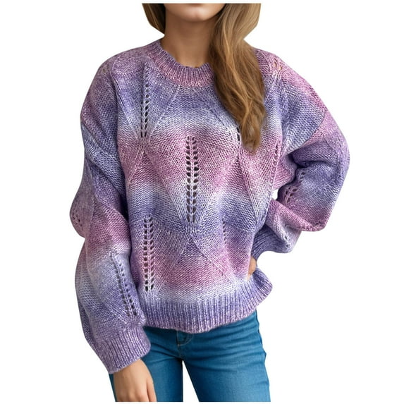 CheerKidz Women Casual Gradient Hollow Knit Sweater Long Sleeve Round Neck Pullover Lightweight Breathable Loose Fit Daily Wear Soft Cozy Fall Winter Tops(Purple,S)