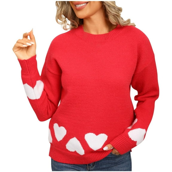 CheerKidz Women Casual Round Neck Printed Long Sleeve Pullover Sweater Soft Loose Fit Cozy Warm Fall Winter Knit Wear Fashionable Stylish Trendy Tops(Red,S)