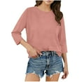 thumbnail image 1 of CheerKidz Women Fashion Casual Solid Color Round Neck 3/4 Sleeve Pullover Top Simple Elegant Basic Tunic Blouse Comfortable Daily Wear(Pink,L), 1 of 9