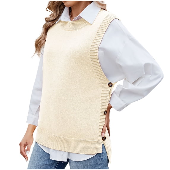CheerKidz Women Fashion Casual V Neck Sleeveless Waistcoat Knit Sweater Lightweight Winter Daily Wear Loose Fit Layering Top Cozy Soft Warm(Beige#1,L)