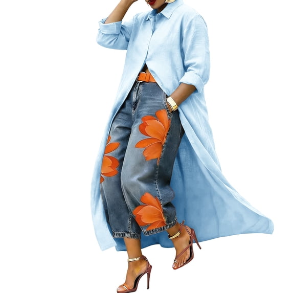 CheerKidz Women Long Sleeve, Button Up Shirt, Collared Longline Duster Coat, Solid Color, Casual, Loose Shape Blouse, Spring Fall, Daily Office, Trendy Women's Tops Fashion (Light Blue, 3XL).