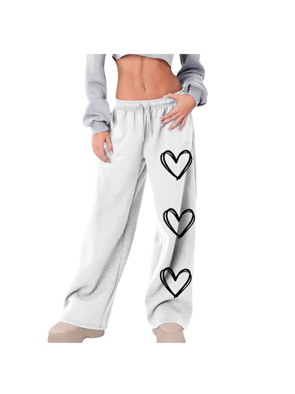 Women Loose Heart Print Drawstring Sweatpants Casual Pants Full Length Soft Thick Squat Proof High Waist Stretchy Seamless Waistband for Daily Wear Fall Winter(White,XL)