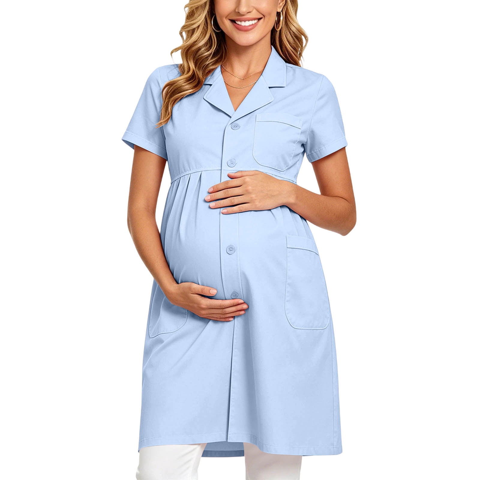CheerKidz Women Maternity Nurse Uniform Short Sleeve Button Front Work Coat with Pockets Loose Shape Scrub Dress for Hospital Clinic Beauty Salon Professional Lab Coat (Blue, 3XL)