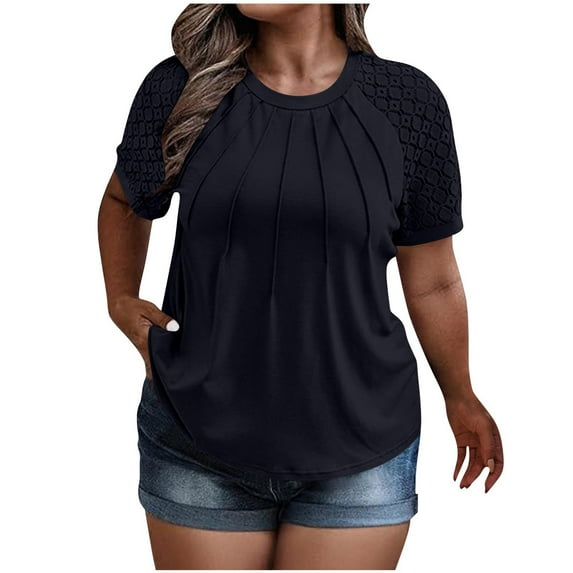 CheerKidz Women Plus Size Lace Sleeve Basic Casual Round Neck Tshirt Relaxed Fit Comfortable Cotton Blouse Everyday Wear Soft Breathable Versatile Womens Clothing(Dark Blue,2XL)
