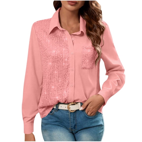 CheerKidz Women Pullover Top Solid Color Lapel Shirt with Sequins Patchwork Pockets Buttons Casual Wear Stylish Fashion Sweatshirt Spring Coat Loose Comfortable Daily(Pink,L)