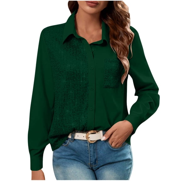 CheerKidz Women Pullover Top Solid Color Lapel Shirt with Sequins Patchwork Pockets Buttons Casual Wear Stylish Fashion Sweatshirt Spring Coat Loose Comfortable Daily(Green,S)