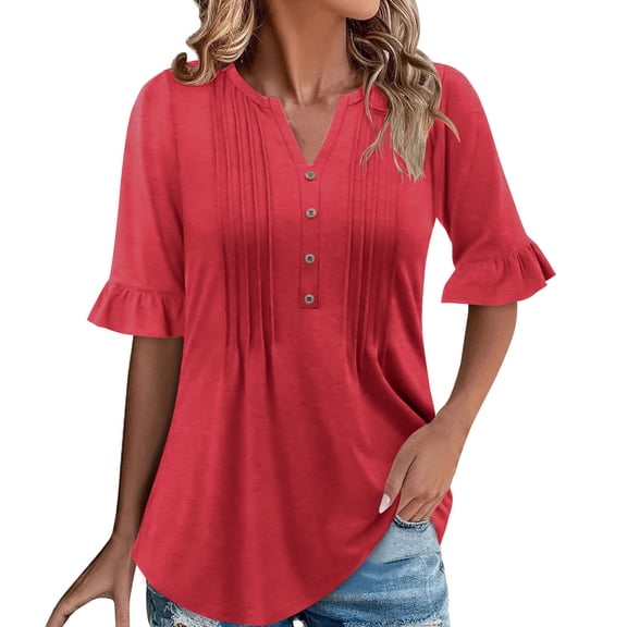 CheerKidz Women Fashion Short Sleeve Sequins Blouse Loose V-Neck Shirt Glitter Party Tops Elegant Summer Pullover for Night Out Clubwear(Red,M)