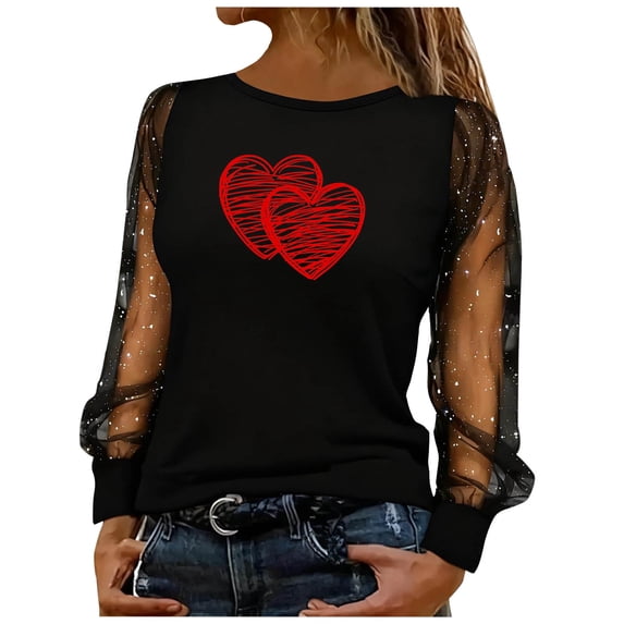CheerKidz Women Sheer Mesh Sleeve Top With Paw Print Heartbeat Graphic Casual Comfortable Long Sleeve Round Neck Blouse Fashion Daily Wear T Shirt for Ladies(Black#2,2XL)