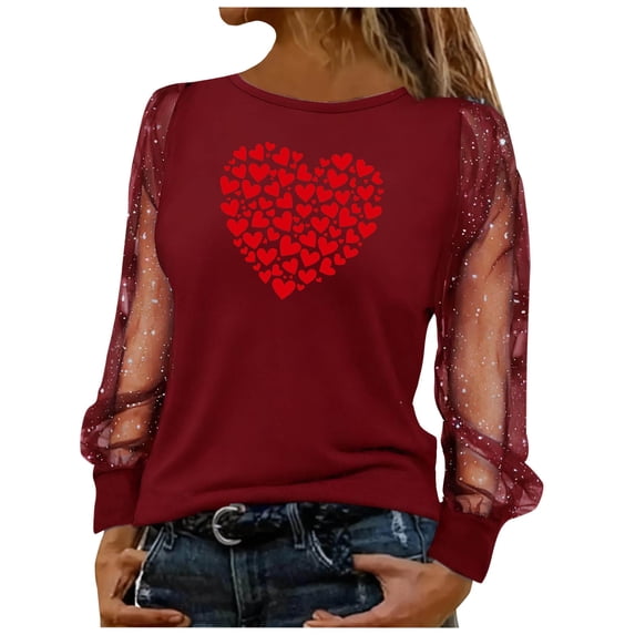 CheerKidz Women Sheer Mesh Sleeve Top With Paw Print Heartbeat Graphic Casual Comfortable Long Sleeve Round Neck Blouse Fashion Daily Wear T Shirt for Ladies(Red#3,2XL)