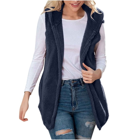 CheerKidz Women Solid Casual Tops Sleeveless Hooded Fleece Blanket Jacket with Pocket Round Neck Soft Warm Lightweight Cozy Home Wear Home Outdoor Relaxing Pullover Vest(Navy,XL)