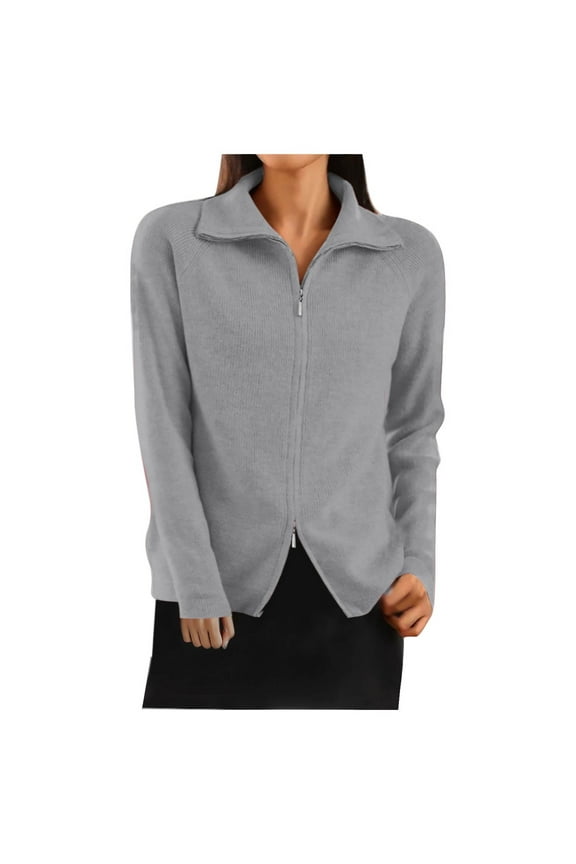 Women Solid Color Knitted Sweater Cardigan Double Zipper Jacket Casual Winter Long Sleeve Fashion Turtleneck Neck Soft Lightweight Outwear(Gray,S)