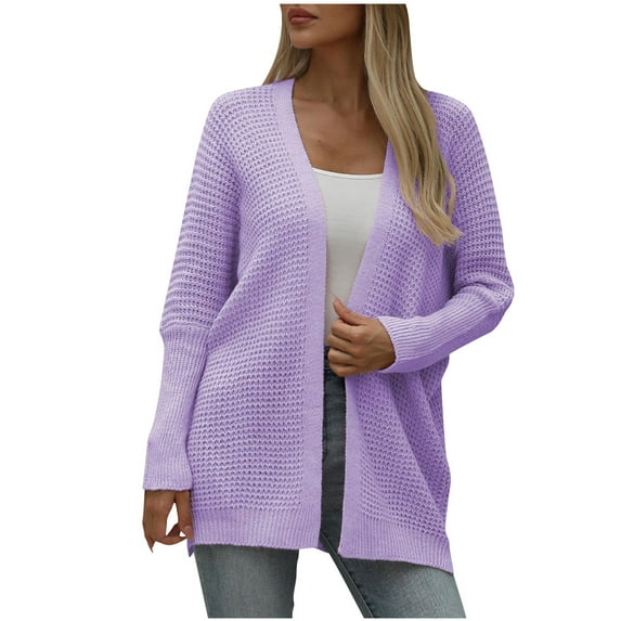 CheerKidz Women Solid Color Lantern Sleeve V Neck Cardigan Sweater Casual Long Sleeve Knitwear Soft Cozy Lightweight Warm Relaxed Fit Home Wear Sportswear Spring Daily Wear(Purple#2,XL)