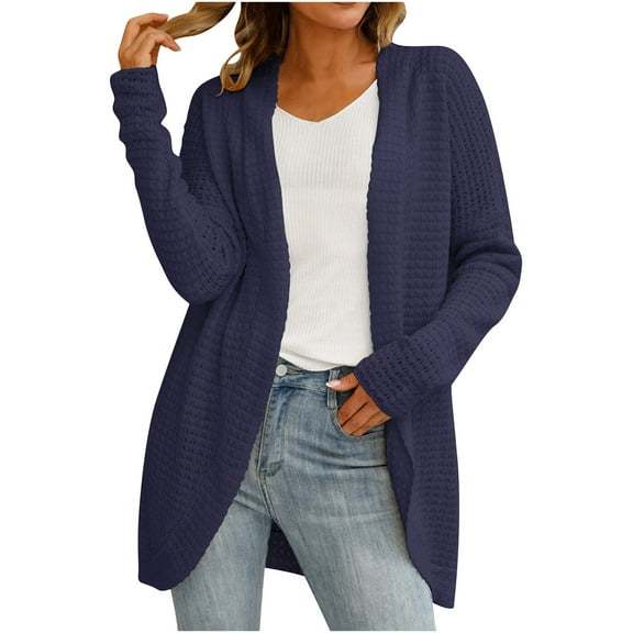 CheerKidz Women Solid Color Long Sleeve V Neck Knitted Cardigan Sweater Jacket Casual Fashionable Solid Color Top for Party Work Travel All Seasons(Navy,M)