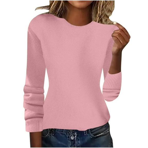 CheerKidz Women Solid Color Round Neck Pullover Knitted Sweater Soft Long Sleeve Casual Loose Top for Winter Indoor Home Wear Fashionable Everyday(Pink,M)