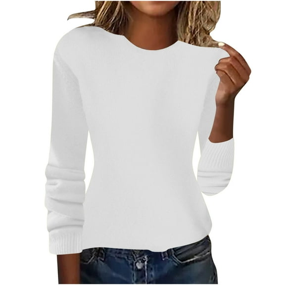 CheerKidz Women Solid Color Round Neck Pullover Knitted Sweater Soft Long Sleeve Casual Loose Top for Winter Indoor Home Wear Fashionable Everyday(White,L)