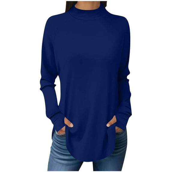 CheerKidz Women Spring High Neck Solid Color T Shirt Thumb Hole Long Sleeve Casual Fashion Top Vintage Classic Comfortable Stretch Breathable Thin Daily Wear(Blue,M)