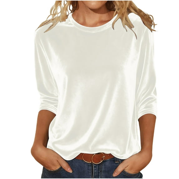 CheerKidz Women Velvet T Shirt Blouse Fashion Casual Round Neck 3/4 Sleeve Pullover Top Soft Comfortable Solid Color Tee for Daily Wear Spring Fall Party Dating Work Vacation(Beige,S)
