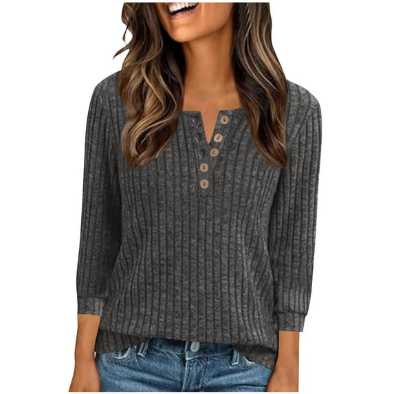 CheerKidz Women Winter Casual Knit Sweater Top Round Neck Button Down Loose Fit Brushed Striped Knitted Three Quarter Sleeve Pullover Soft Everyday Wear(Gray,2XL)